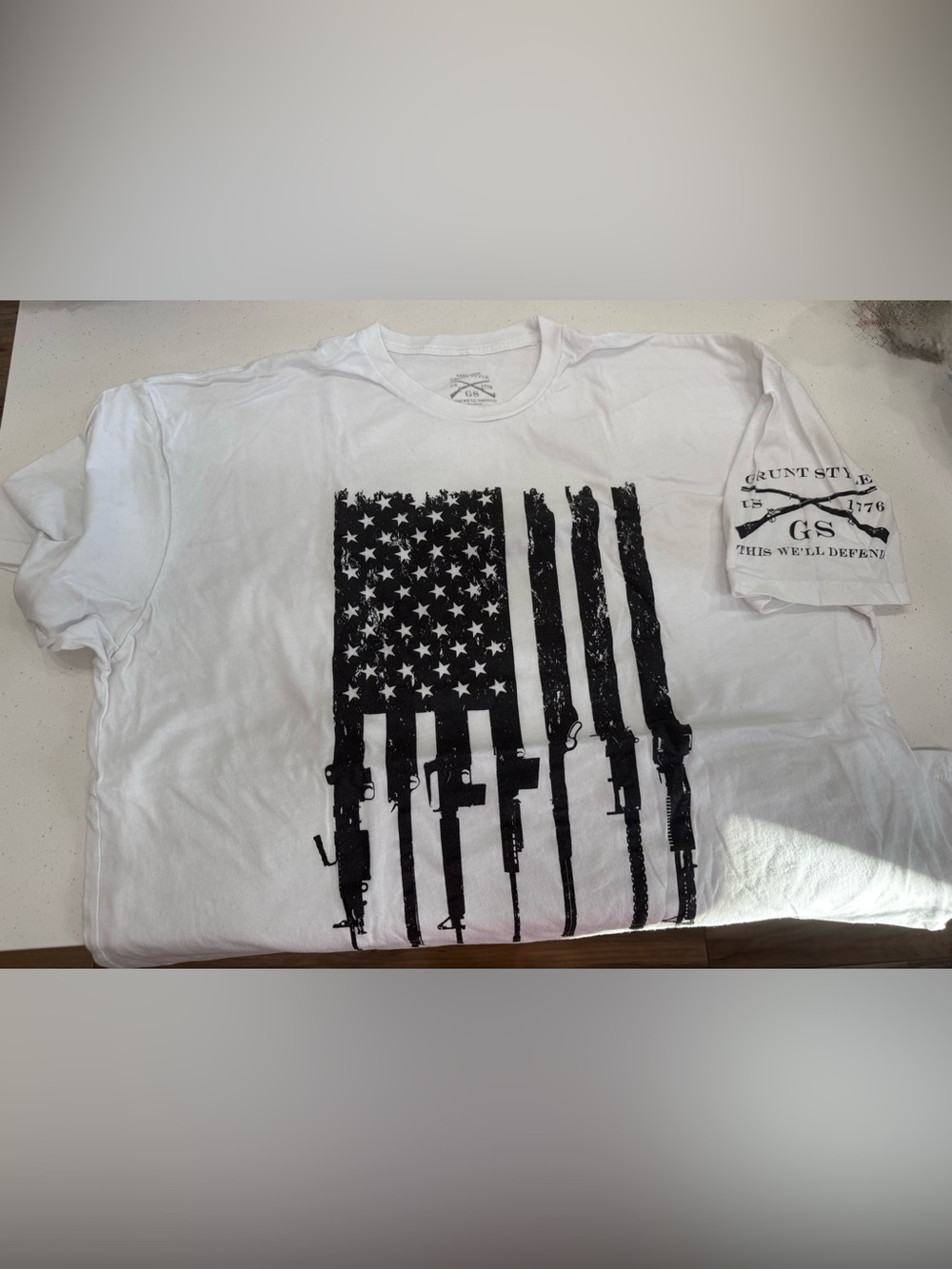 Grunt Style White Short Sleeve Tee with Black American Flag Rifle Graphic